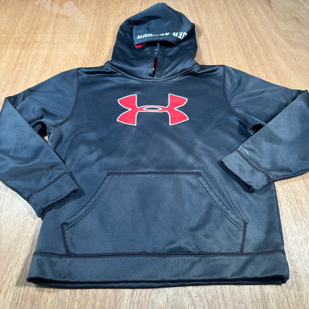 Under Armour Storm Hoodie Kids Medium Grey Red Logo Fleece Pullover Sweatshirt